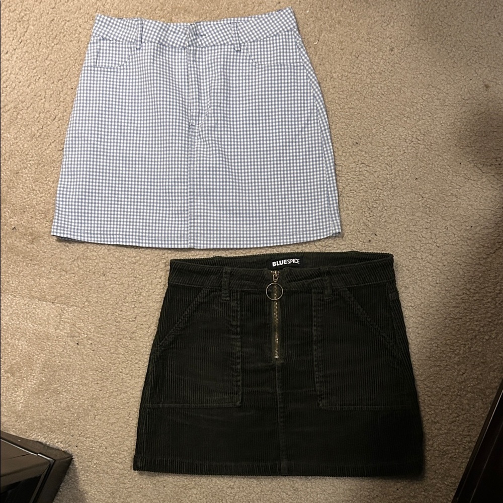 Blue Spice Green Corduroy (3) and Blue Checkered Forever 21 (S) Mini Skirts